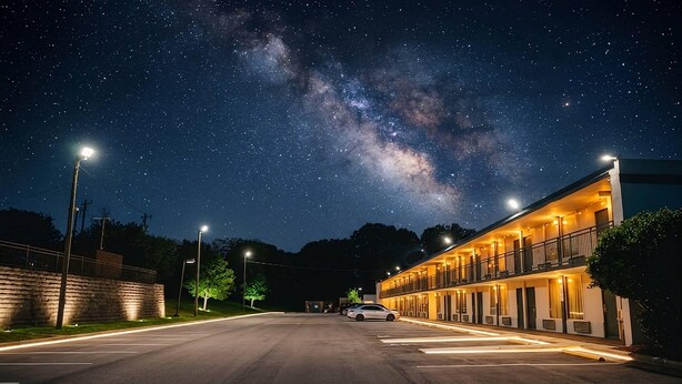 A hotel with a row of rooms, a parking lot, and a view of the Milky Way. - Rodeway Inn Monroe (Monroe)