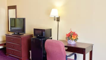 Desk, laptop workspace, blackout curtains, iron/ironing board