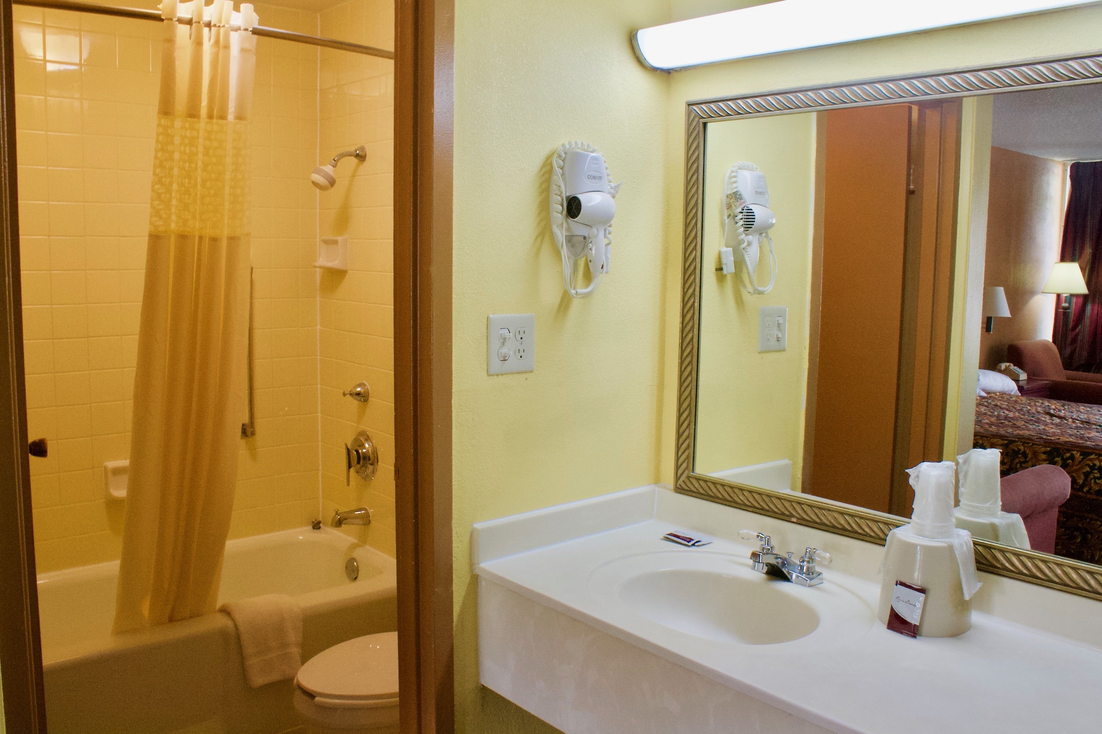 Une salle de bain avec une baignoire, des toilettes et un lavabo avec un miroir. On y trouve également un sèche-cheveux et un flacon de savon liquide pour les mains, posés sur le lavabo.
