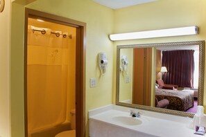 A bathroom with a shower, a sink, a mirror, and a hairdryer.