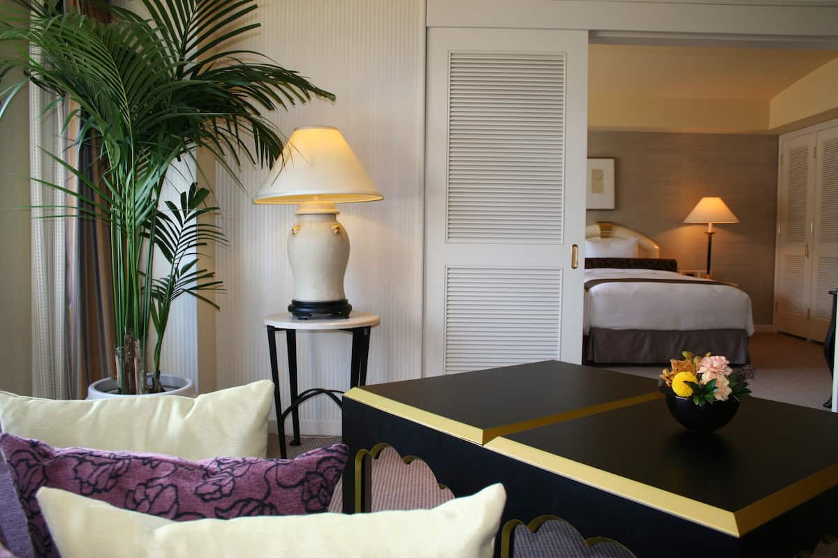 Habitación de hotel con cama, una mesa con lámpara, una planta en maceta y vista a otra habitación.