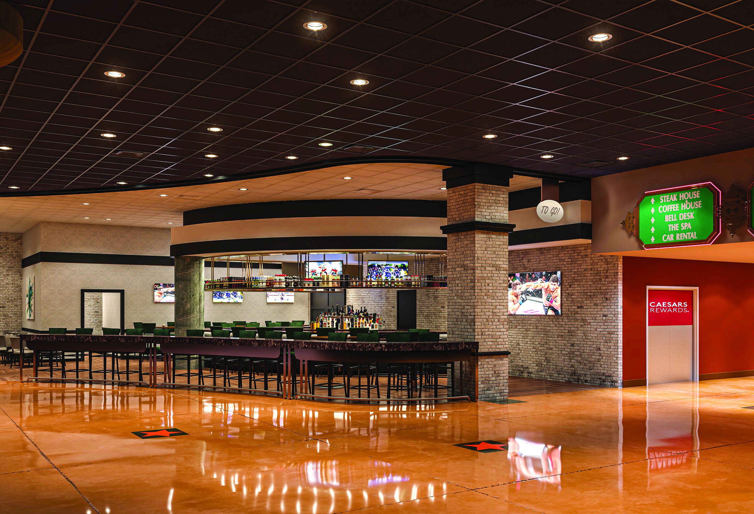 Un hall d’entrée spacieux comprenant un bar, un espace salon et un panneau lumineux indiquant les services proposés, tels qu’un restaurant servant des steaks, un café et une agence de location de voitures.