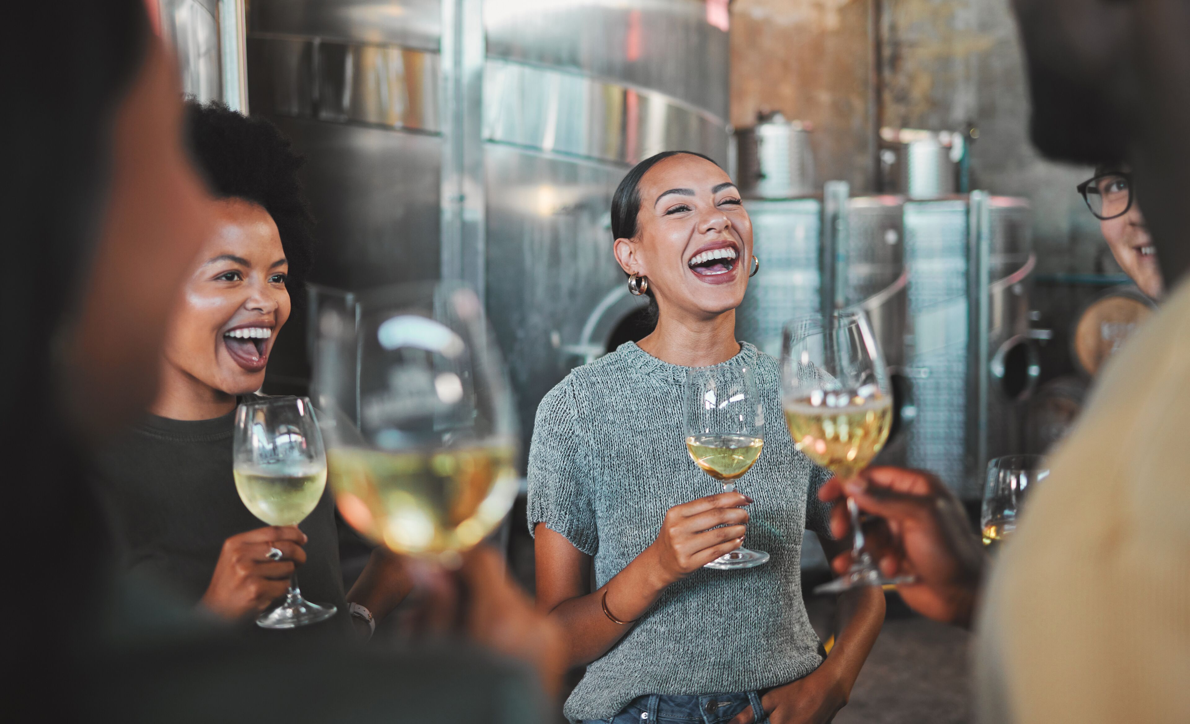 A group of people holding wine glasses, suggesting a social gathering or event.