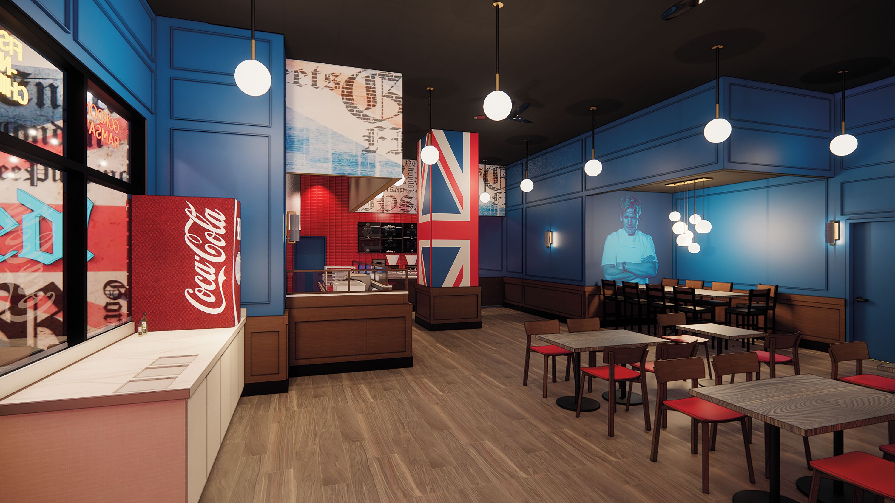 A restaurant interior with a Coca-Cola display, red and blue decor, and multiple dining tables and chairs.