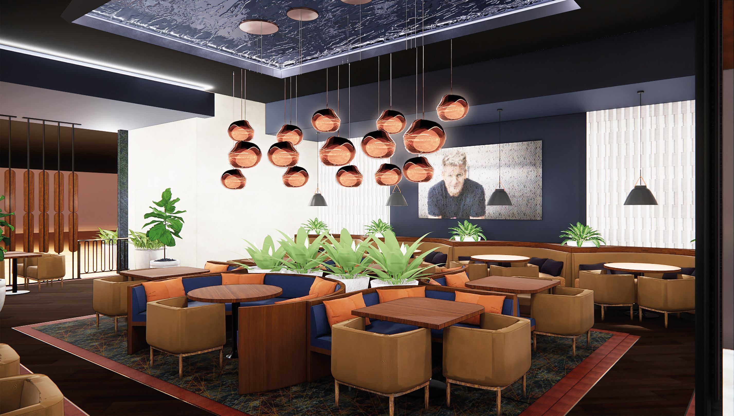 A modern lounge area with multiple seating options, including sofas and tables, arranged around a central plant display.