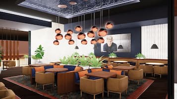 A modern lounge area with multiple seating options, including sofas and tables, arranged around a central plant display.