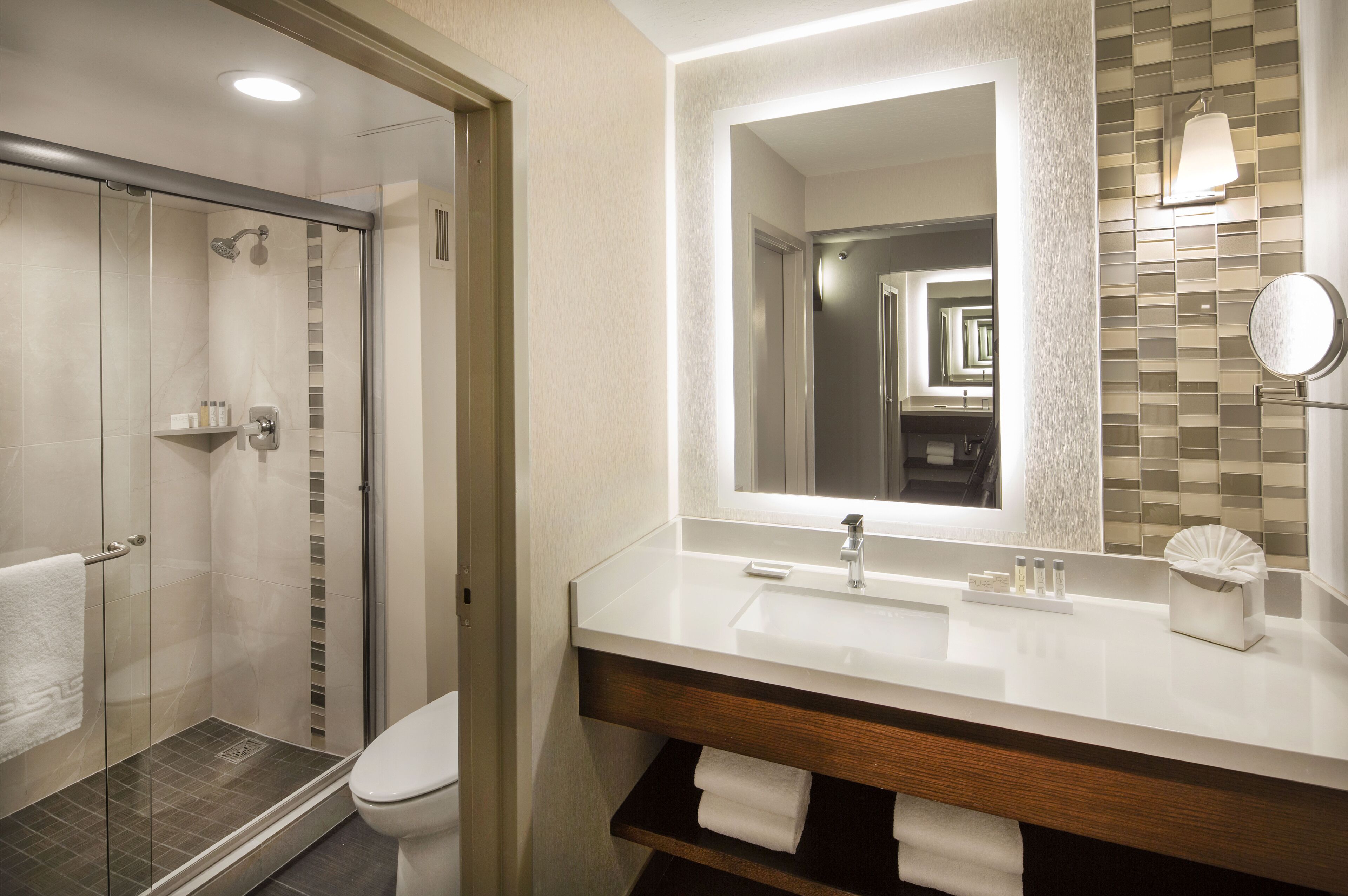 A modern bathroom with a glass-enclosed shower, a white sink, and a large mirror.