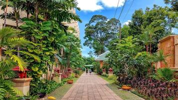 A pathway flanked by lush greenery and traditional architecture, leading to a building with a tiled roof.