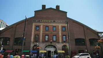 A historic building with a sign reading 'St. Lawrence Market.'