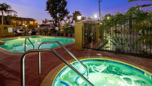 Piscina com escada de metal, cercada por uma grade e palmeiras.