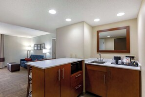 Desk, laptop workspace, blackout drapes, iron/ironing board