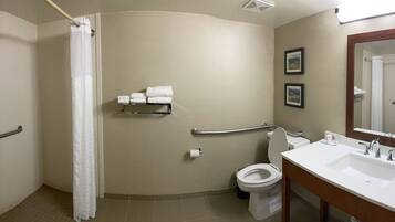 A bathroom with a shower, toilet, and sink.