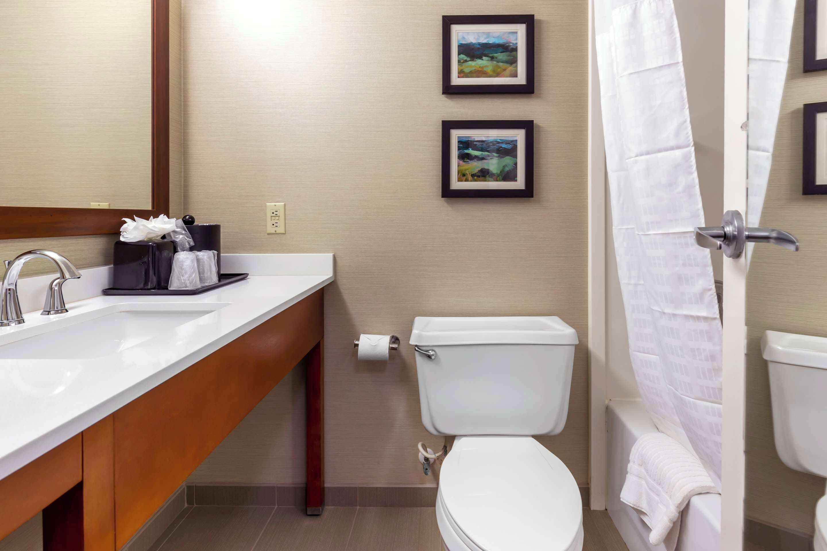 Ein Badezimmer mit Waschbecken, Toilette und Duschvorhang. Zwei gerahmte Bilder hängen an der Wand.