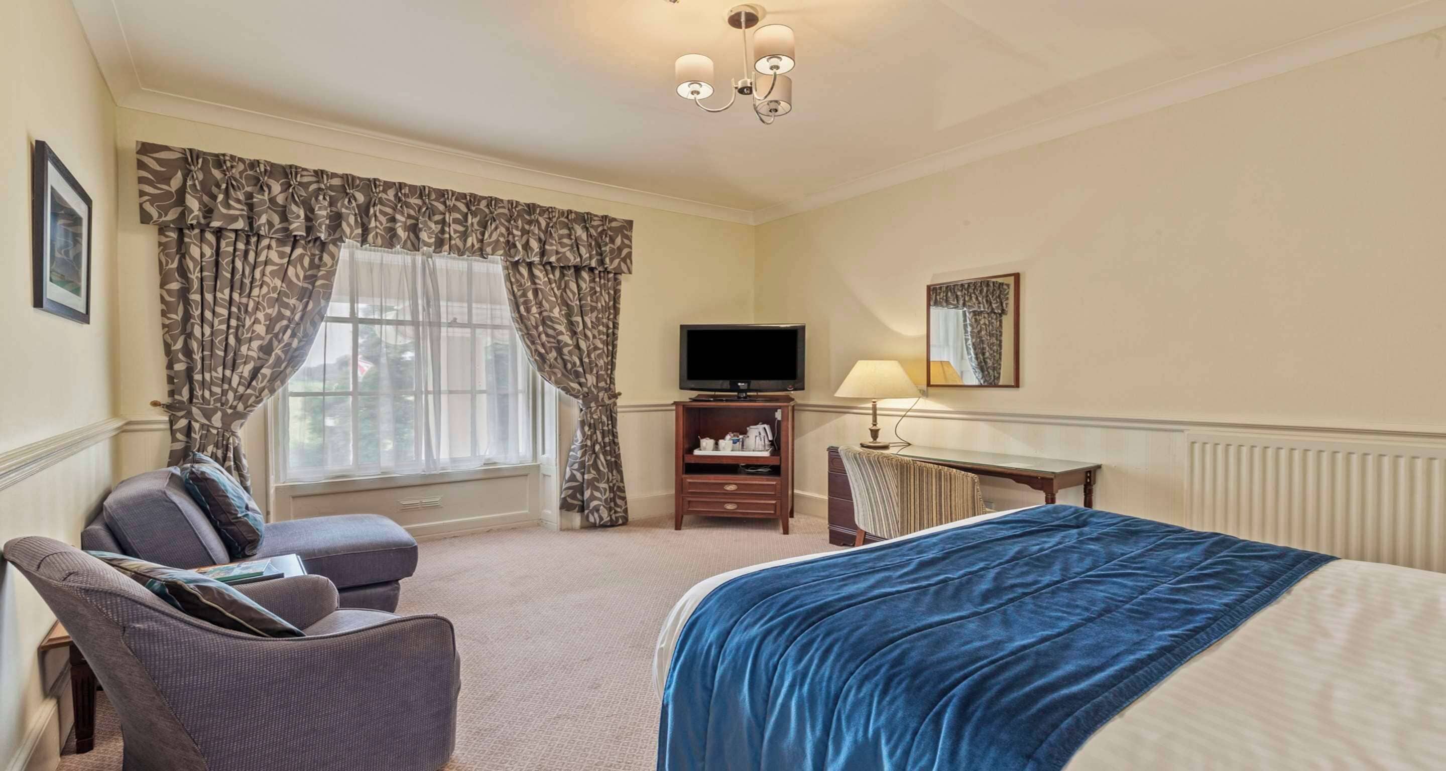 A hotel room with a bed, a sofa, a TV, a lamp, and a window with curtains.
