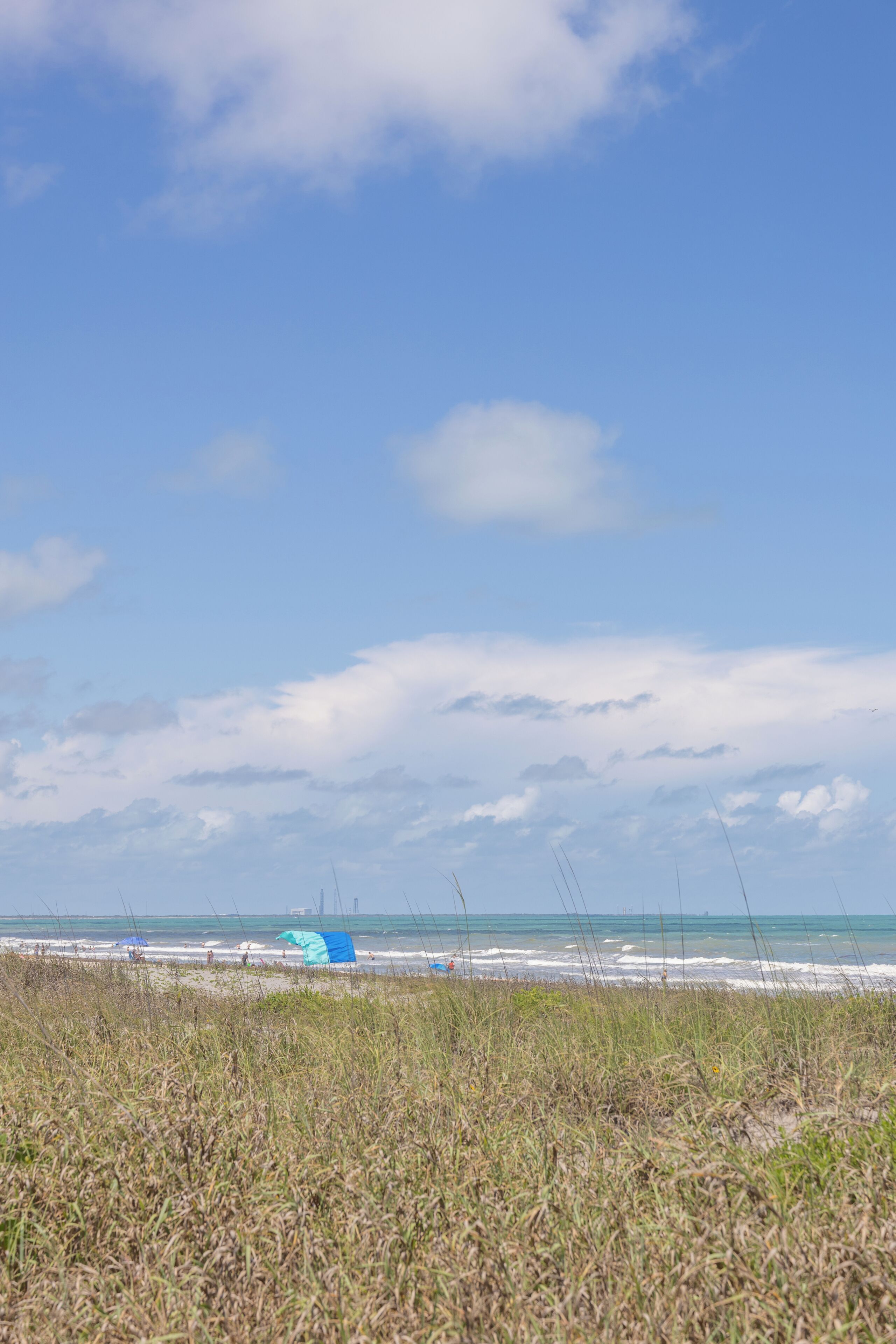 A beach with grass in the foreground, a clear sky, and the ocean in the background.