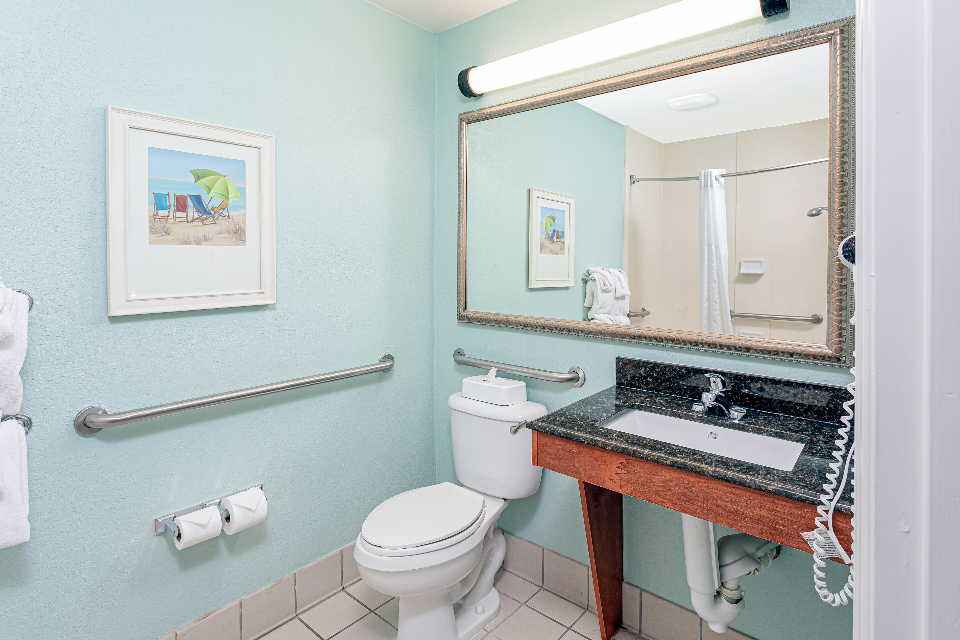 Un baño con inodoro, lavamanos y espejo. Se observan barras de apoyo, un perchero para toallas y un cuadro en la pared.