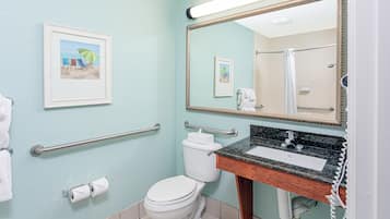 Ein Badezimmer mit Toilette, Waschbecken und Spiegel. Es gibt Handläufe, einen Handtuchhalter und ein gerahmtes Bild an der Wand.