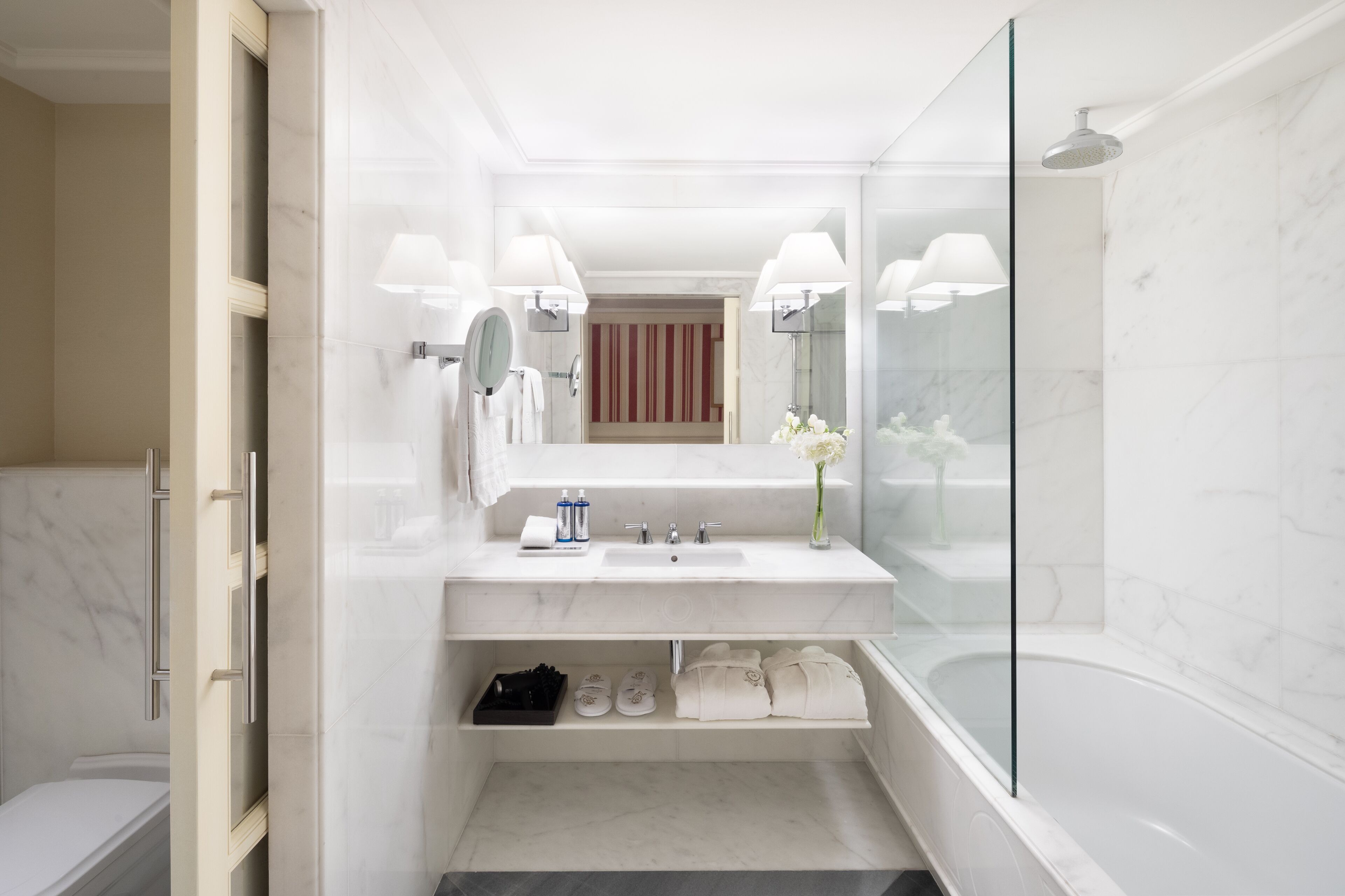 hair dryer, slippers, towels