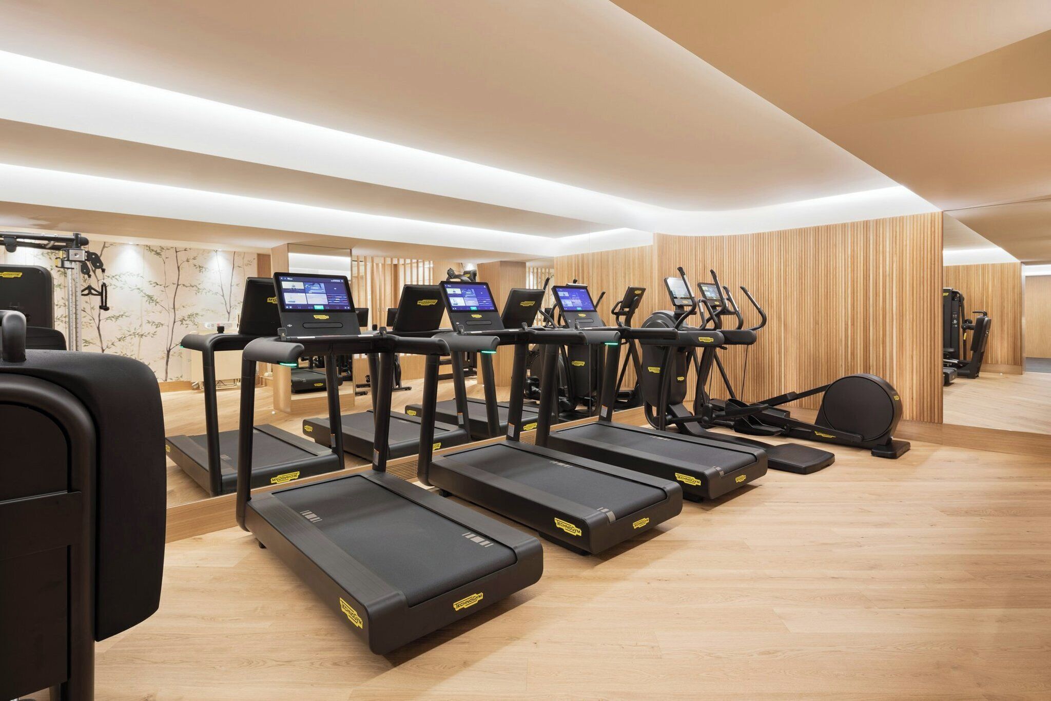 Ein Fitnessstudio mit Laufbändern, Ergometer und einem Krafttrainingsgerät.