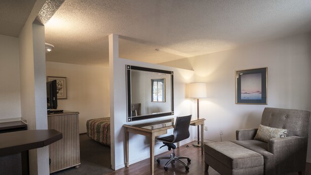 Una habitación de hotel pequeña con escritorio, silla y cama.