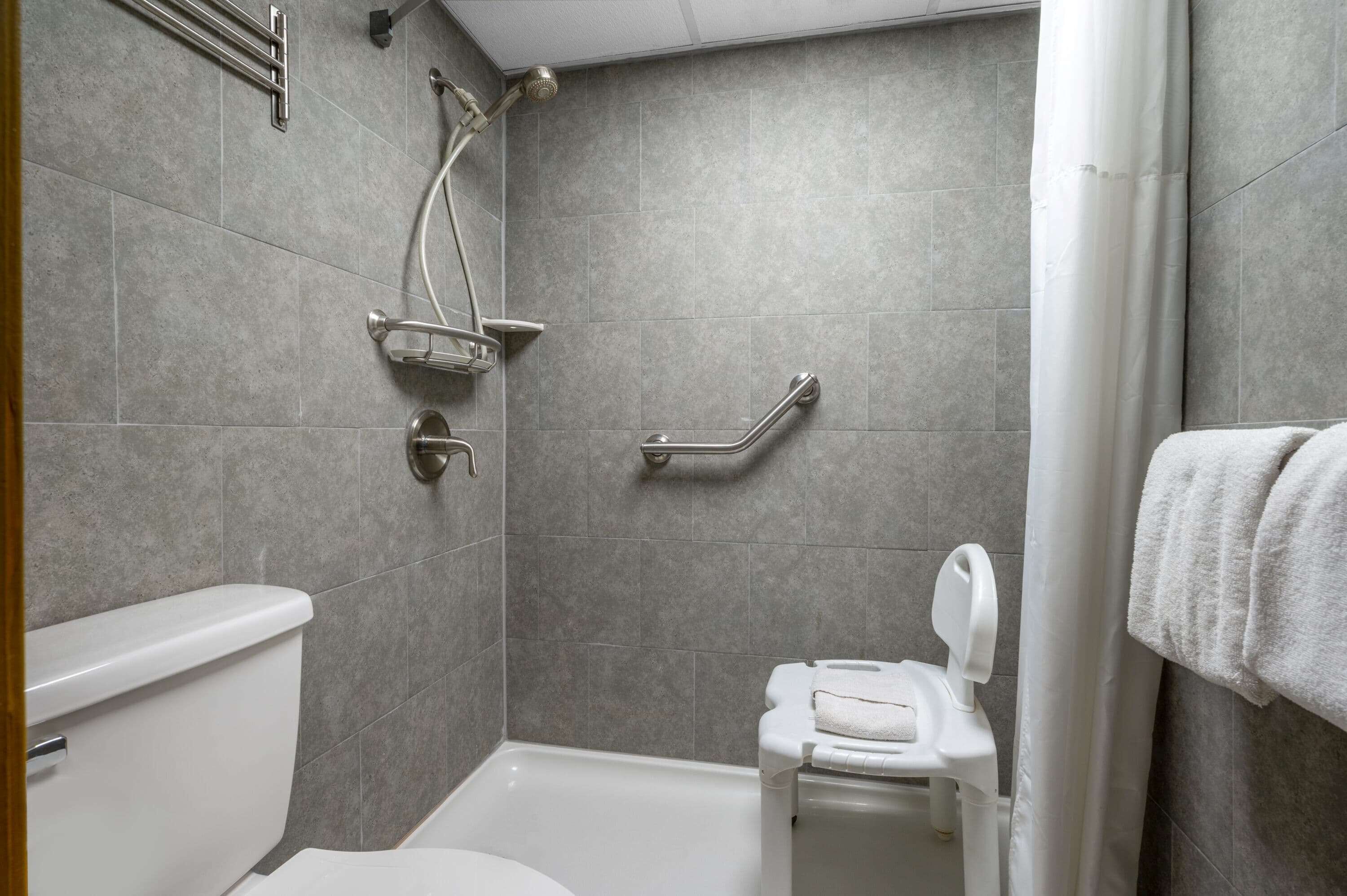 A bathroom with a shower, toilet, and grab bars.