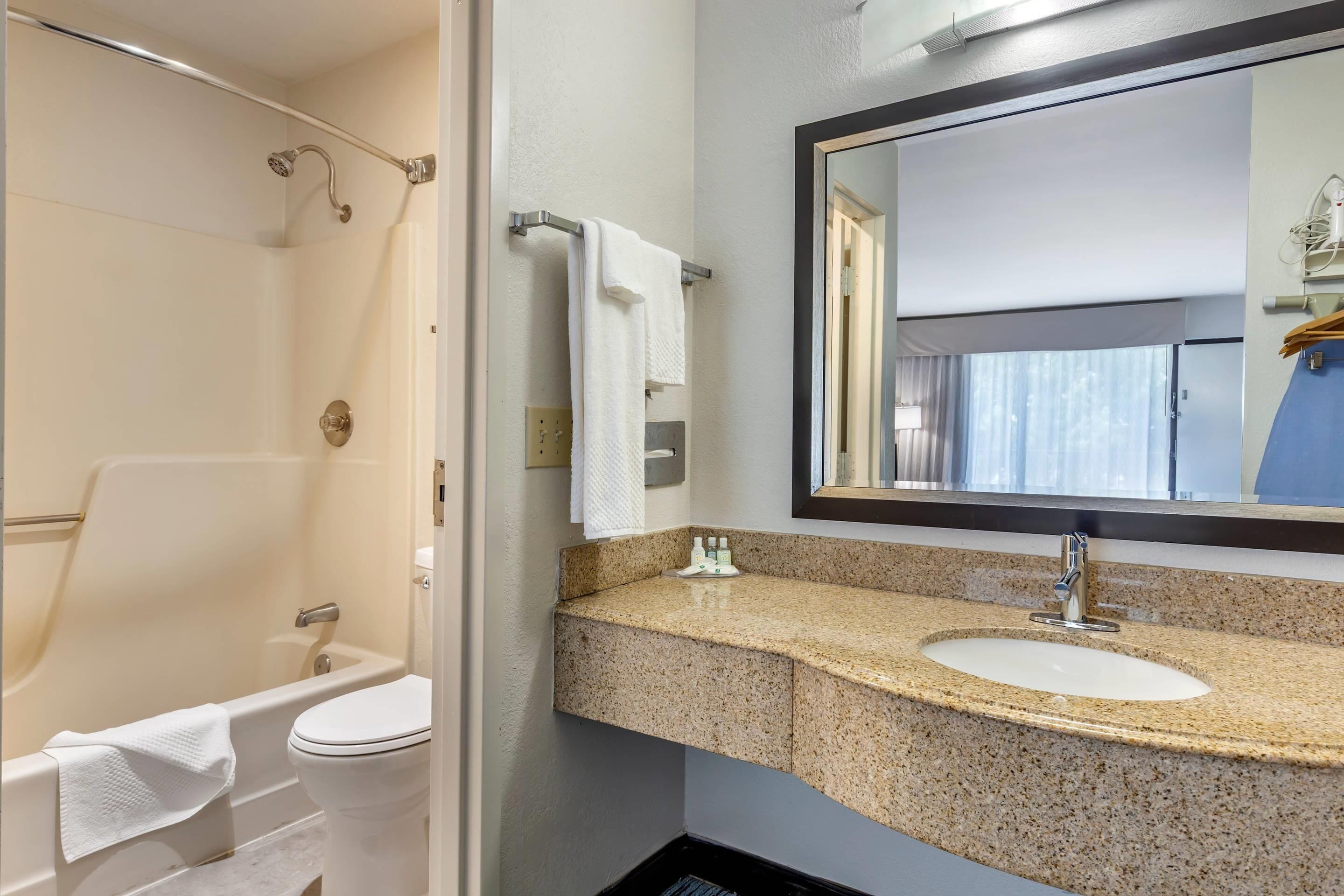 A bathroom with a bathtub, toilet, sink, and a large mirror.