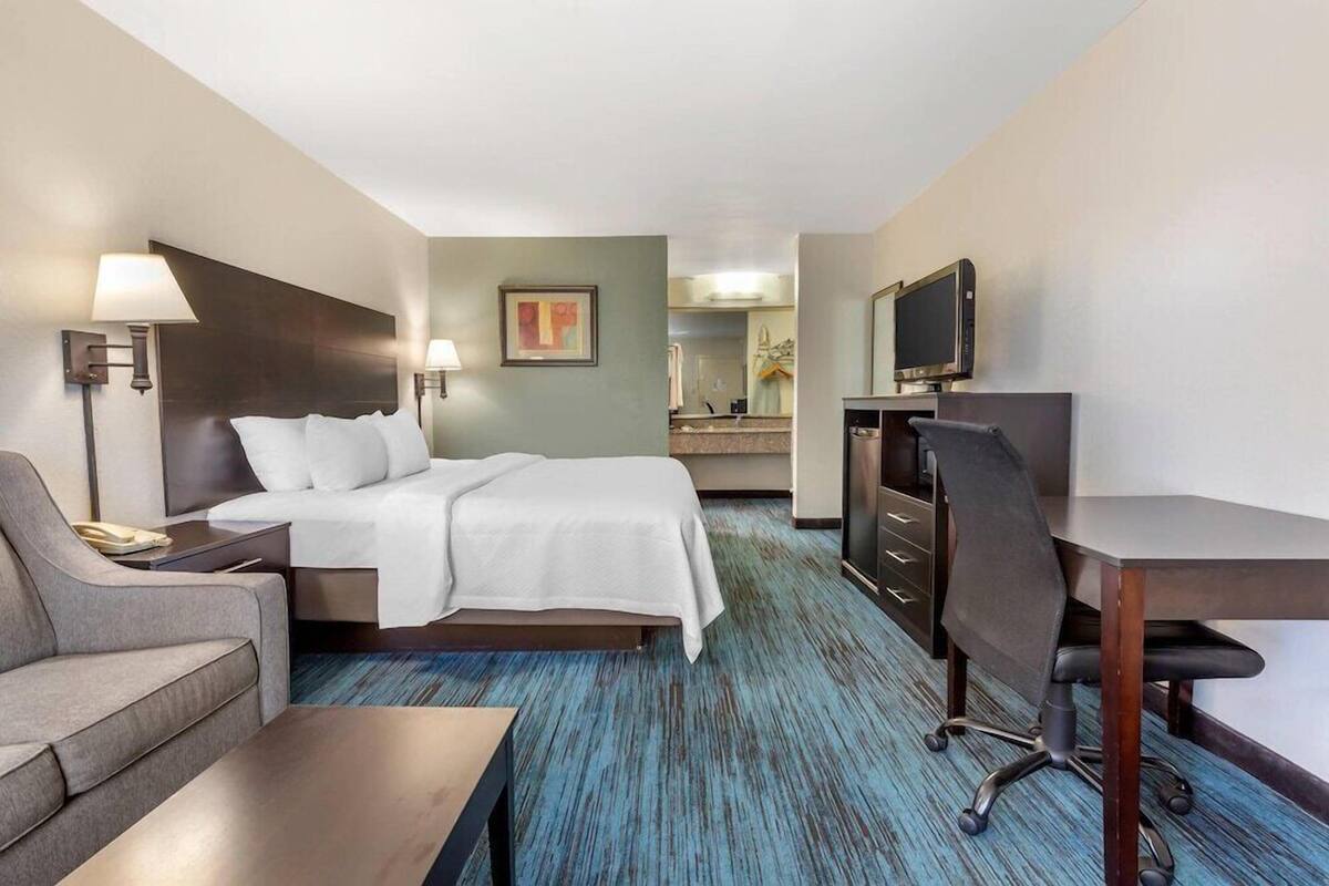 Habitación de hotel con cama, escritorio, silla, televisor y baño al fondo.