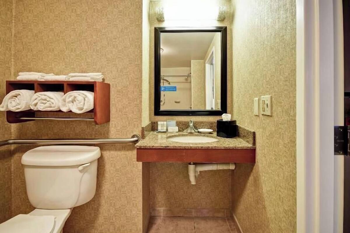 Combined shower/bathtub, eco-friendly toiletries, hair dryer, towels