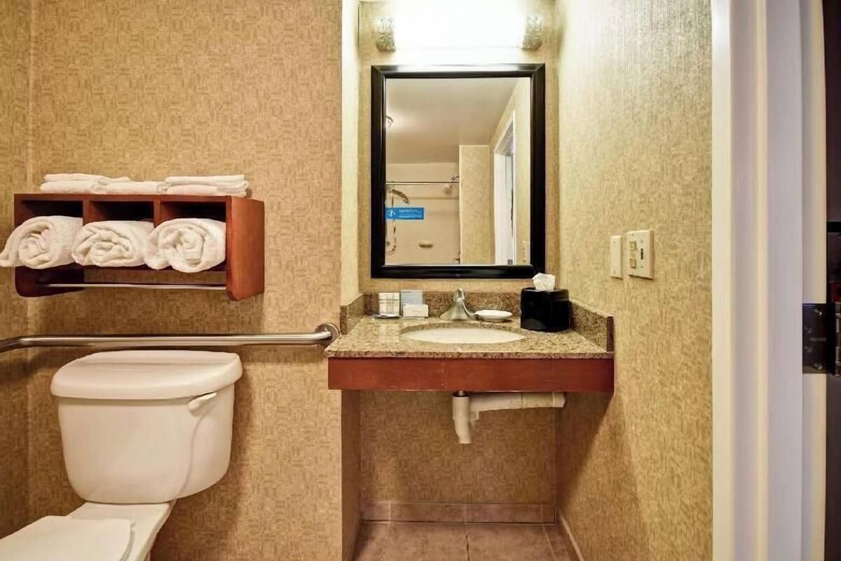 Combined shower/bathtub, eco-friendly toiletries, hair dryer, towels