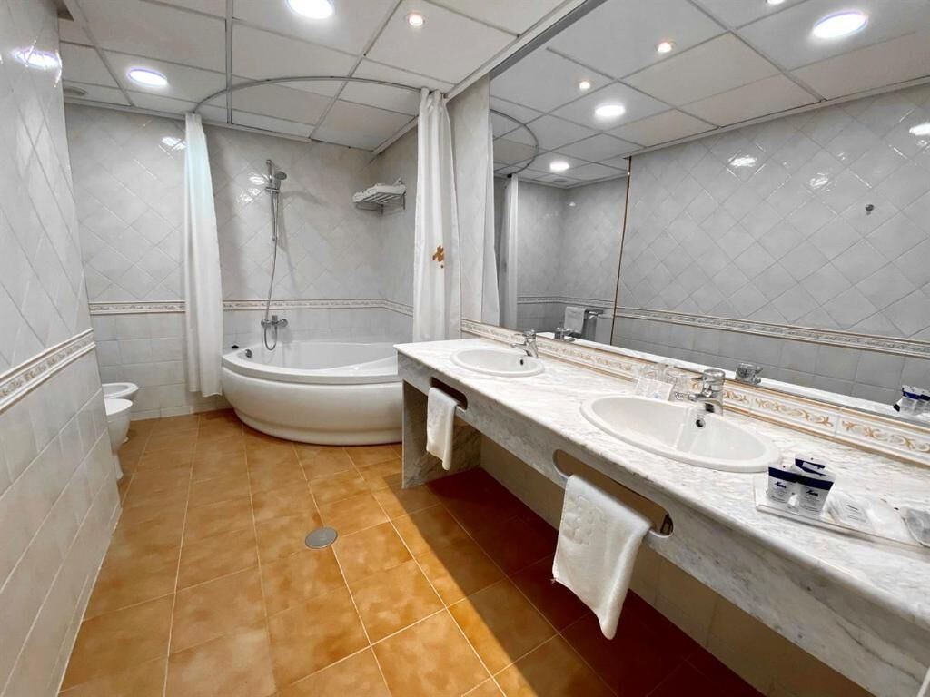 shower, hair dryer, bidet, towels