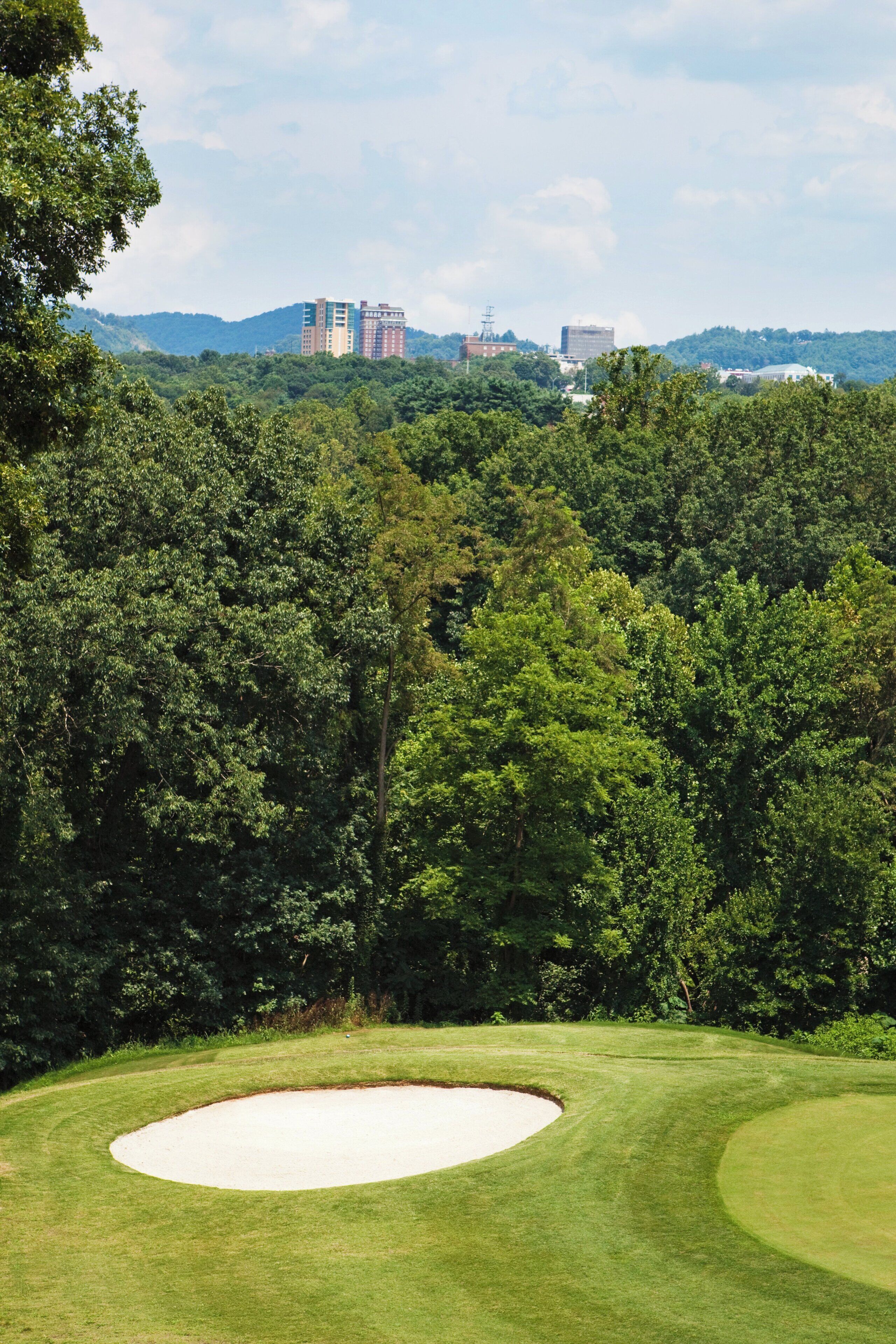 A golf course with a sand bunker and dense trees in the background.