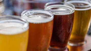 Una hilera de vasos de cerveza sobre una barra.