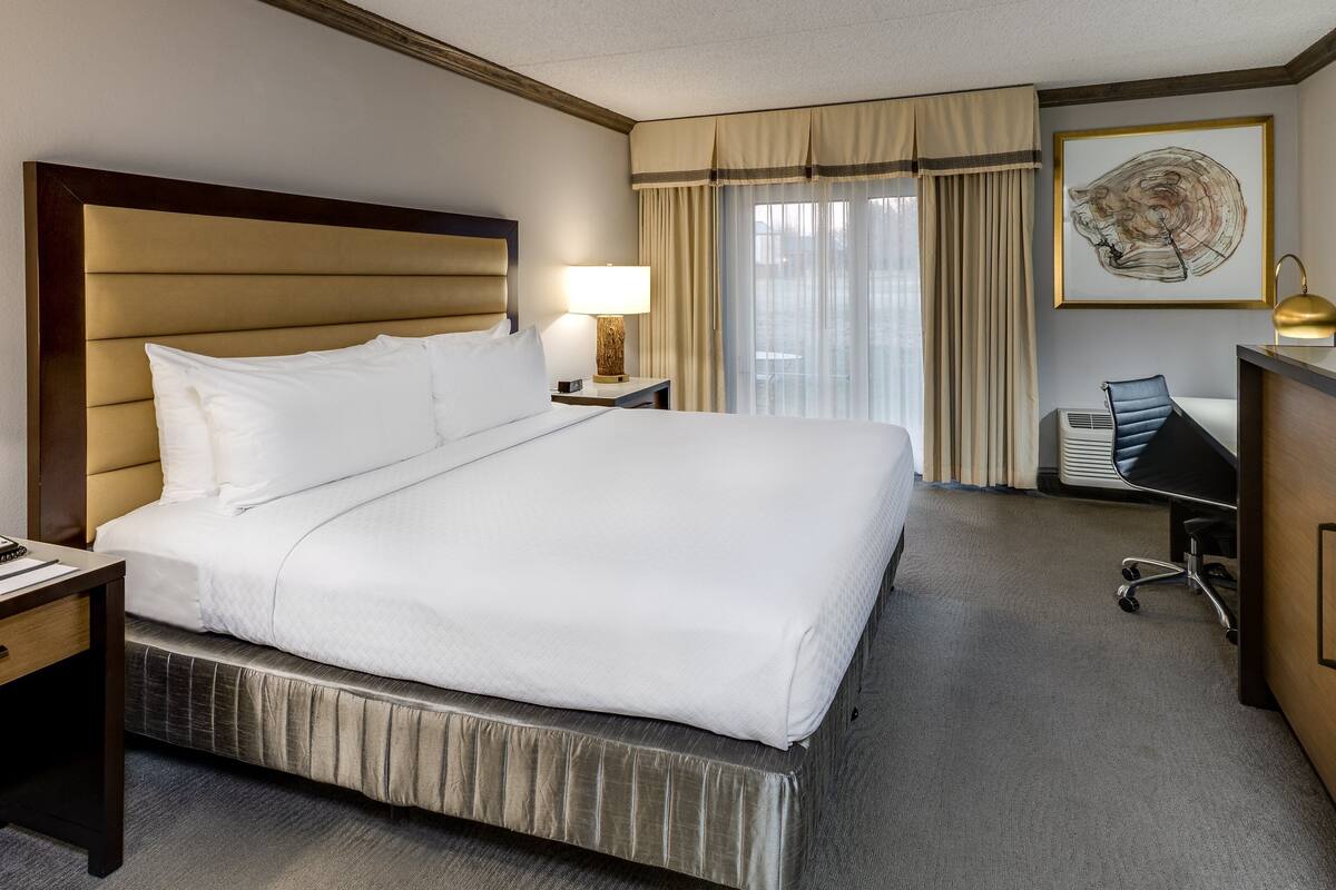 A hotel room with a large bed, a desk, a chair, a dresser, and a window with curtains.