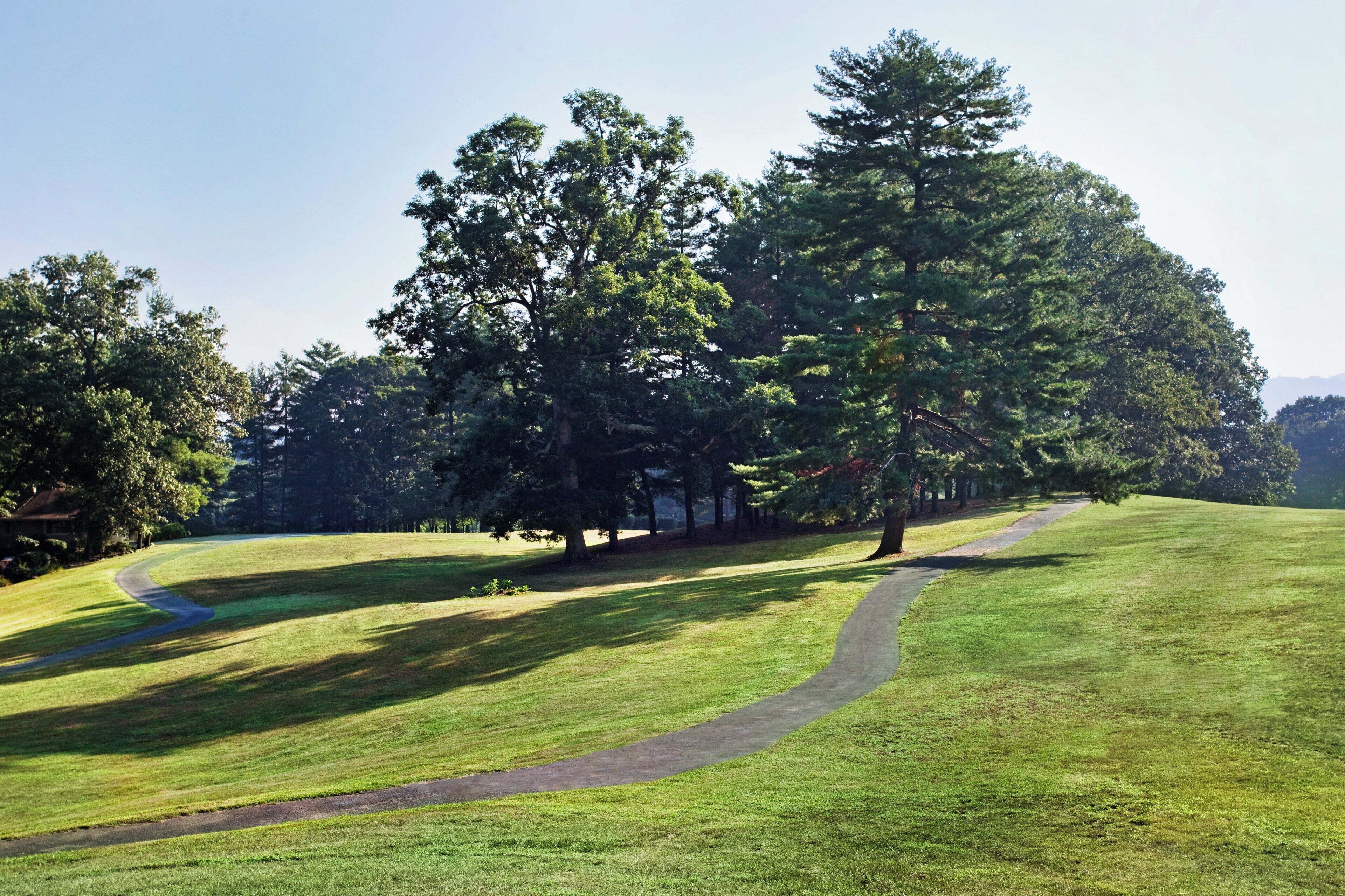 A well-maintained grassy area with a winding path and large trees.