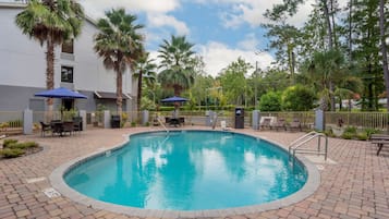 Outdoor pool, pool umbrellas, pool loungers