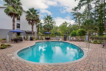 Outdoor pool, pool umbrellas, pool loungers