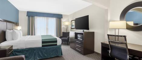 Habitación de hotel con cama, escritorio, silla, televisor y espejo.