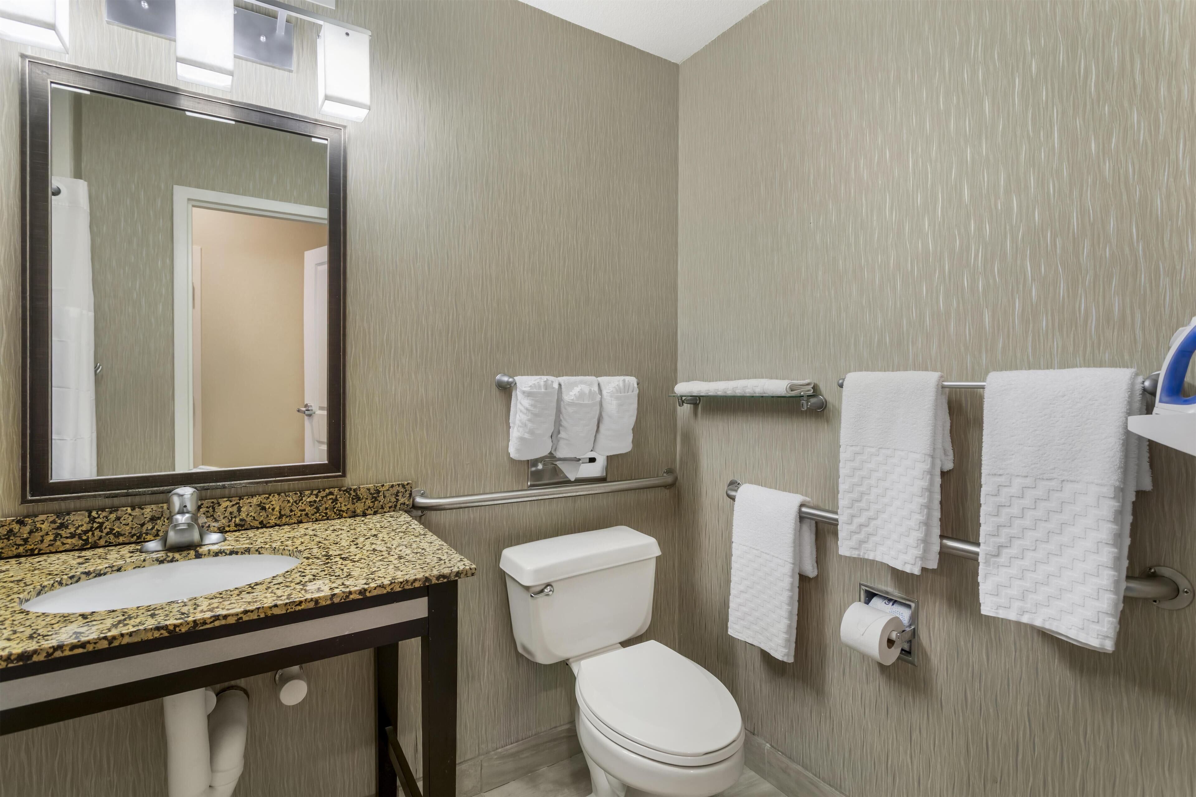 Un baño con lavamanos de granito, inodoro, toallero y espejo.