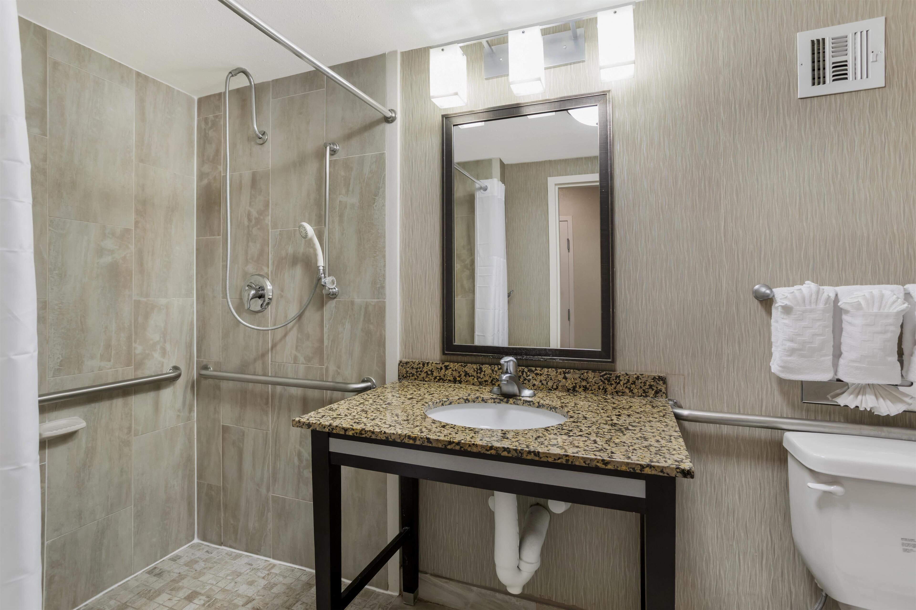 A modern bathroom with a granite countertop sink, a handheld showerhead, a walk-in shower with a glass door, and a toilet with a towel rack.