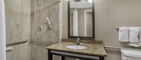 A modern bathroom with a granite countertop sink, a handheld showerhead, a walk-in shower with a glass door, and a toilet with a towel rack.