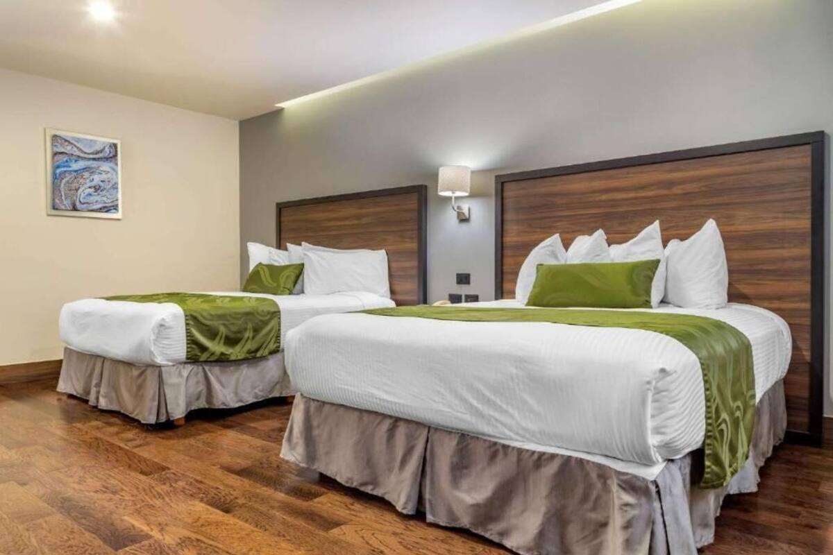 A hotel room with two beds, a wall-mounted lamp, and a painting on the wall.