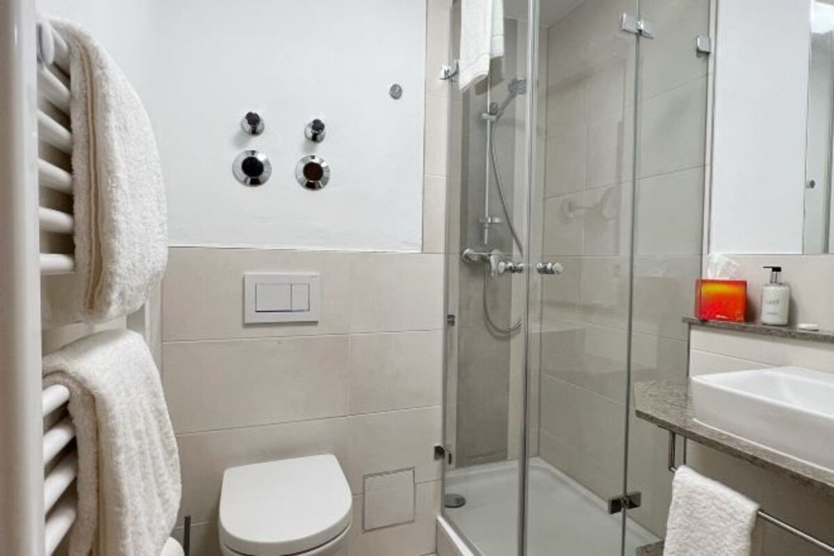 A modern bathroom with a glass-enclosed shower, a white toilet, and a sink with a mirror above it.
