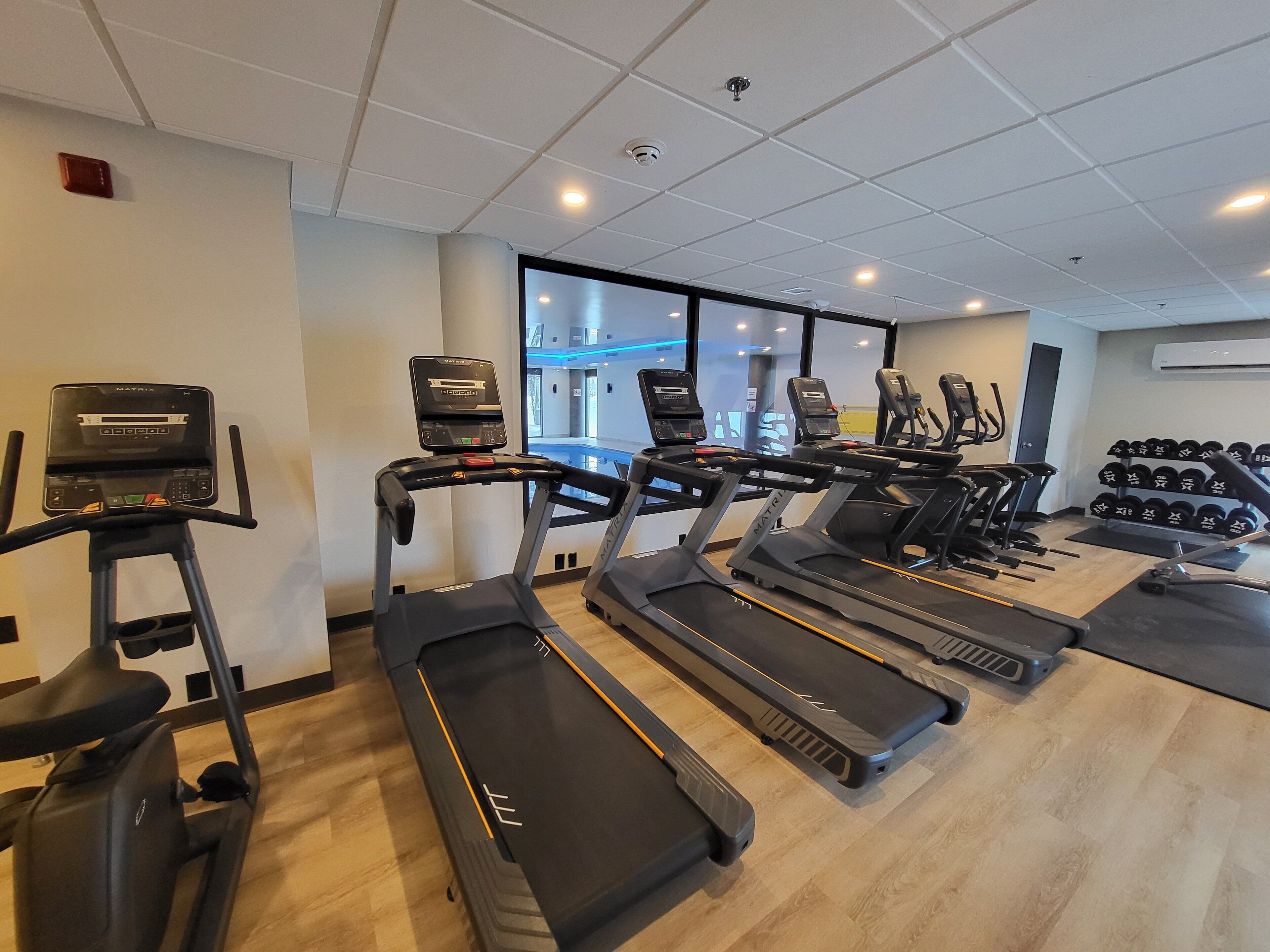 A gym with multiple treadmills, a stationary bike, and a rack of dumbbells.