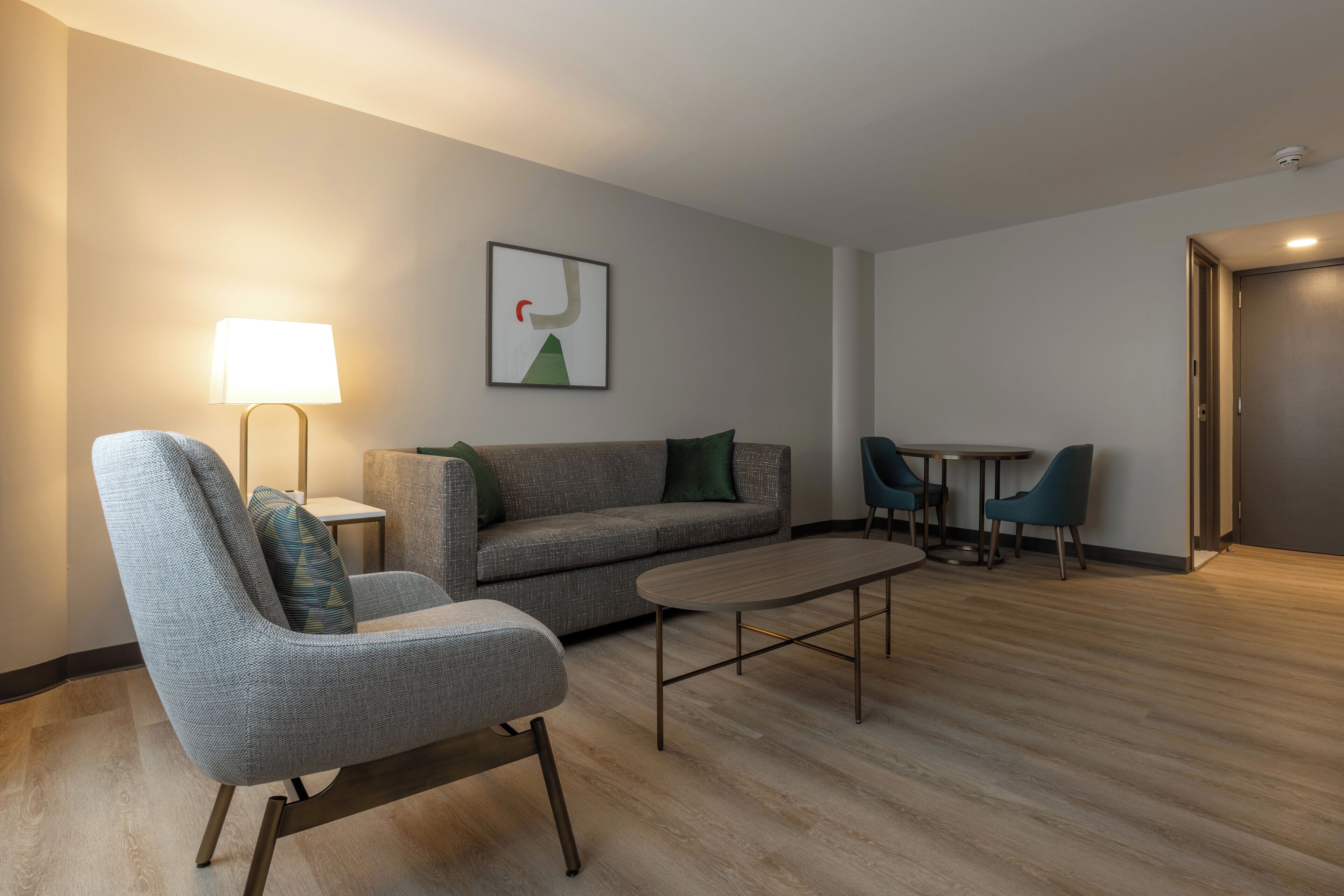 Desk, laptop workspace, blackout curtains, iron/ironing board