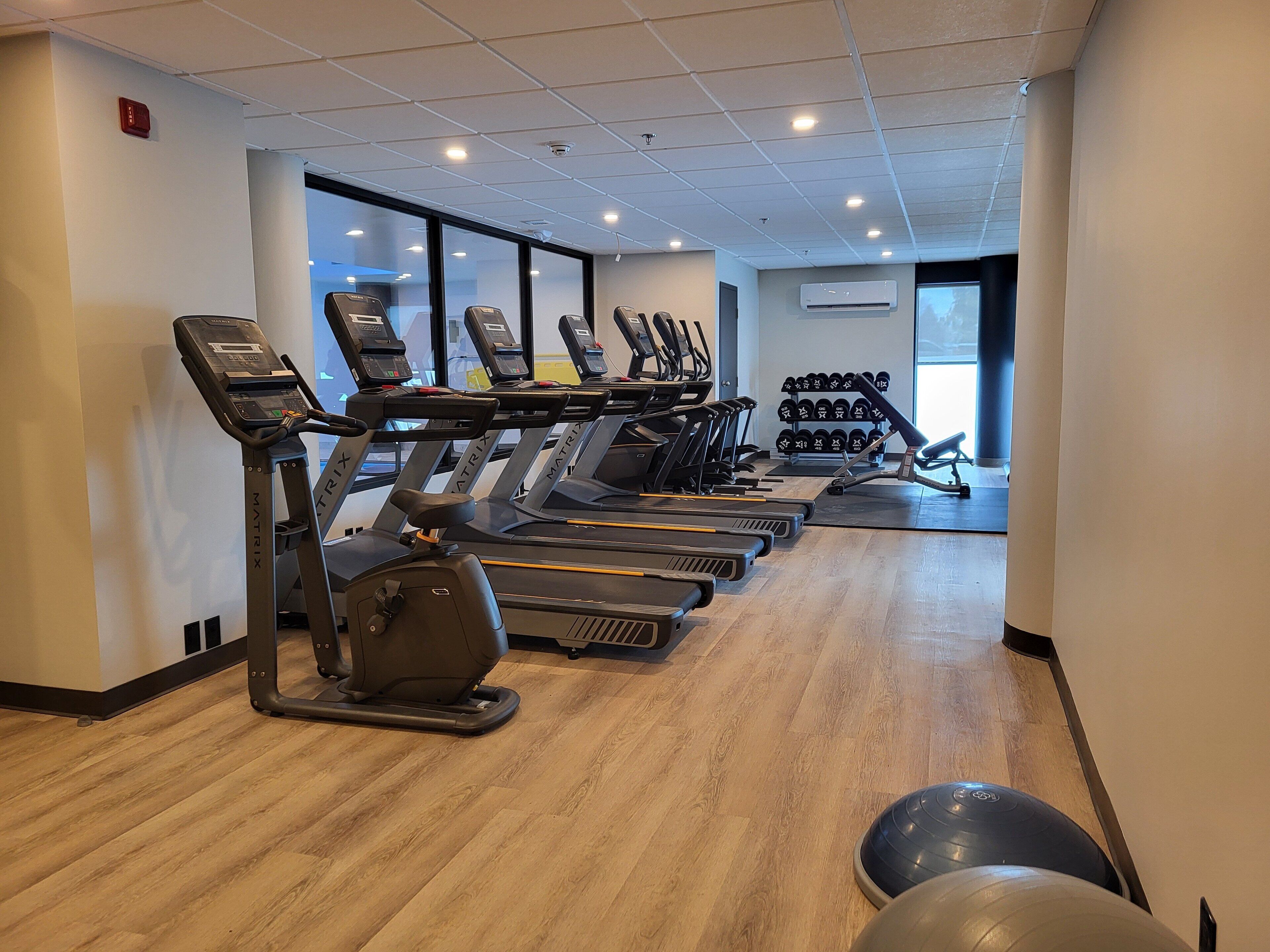 Une salle de sport équipée de tapis de course, de ballons d’exercice et d’haltères.