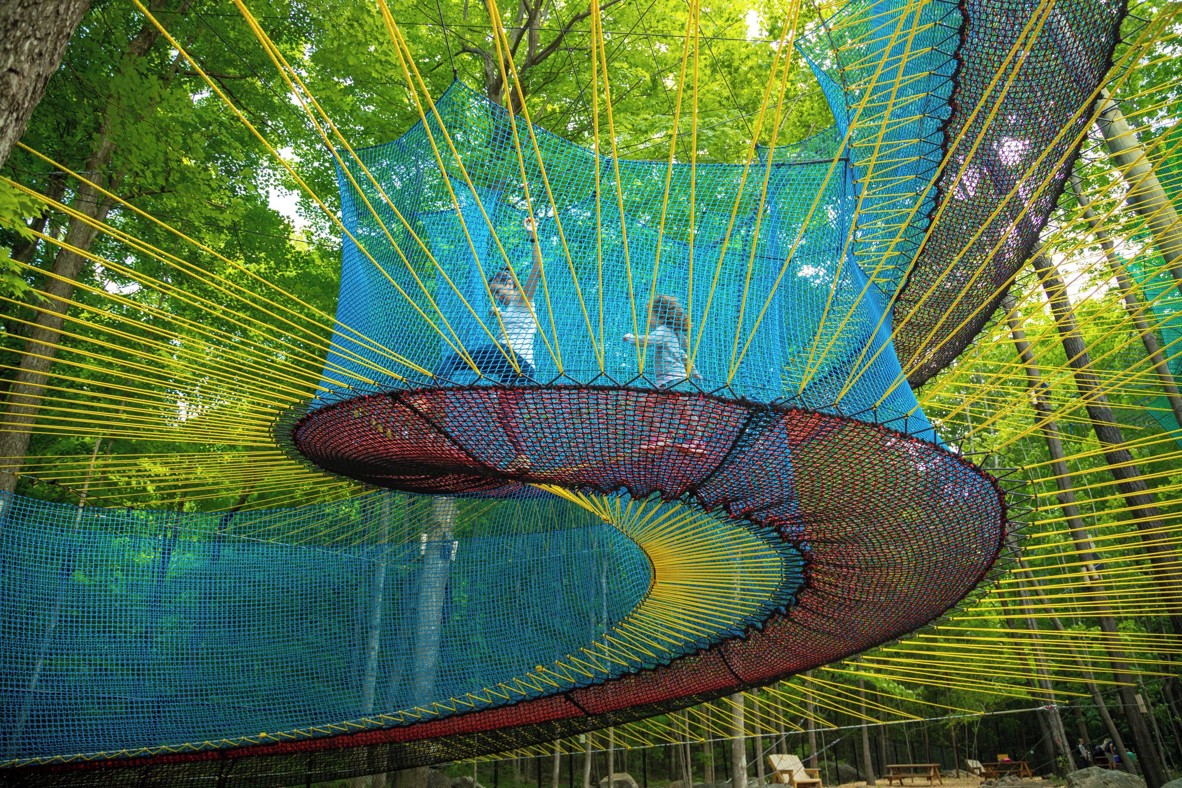 A large, netted structure in a forested area.