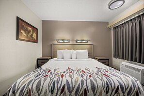 A hotel room with a bed, bedside tables, a wall-mounted light fixture, a window with curtains, and a framed picture on the wall. - Red Roof Inn Detroit - Royal Oak/ Madison Heights (Madison Heights)