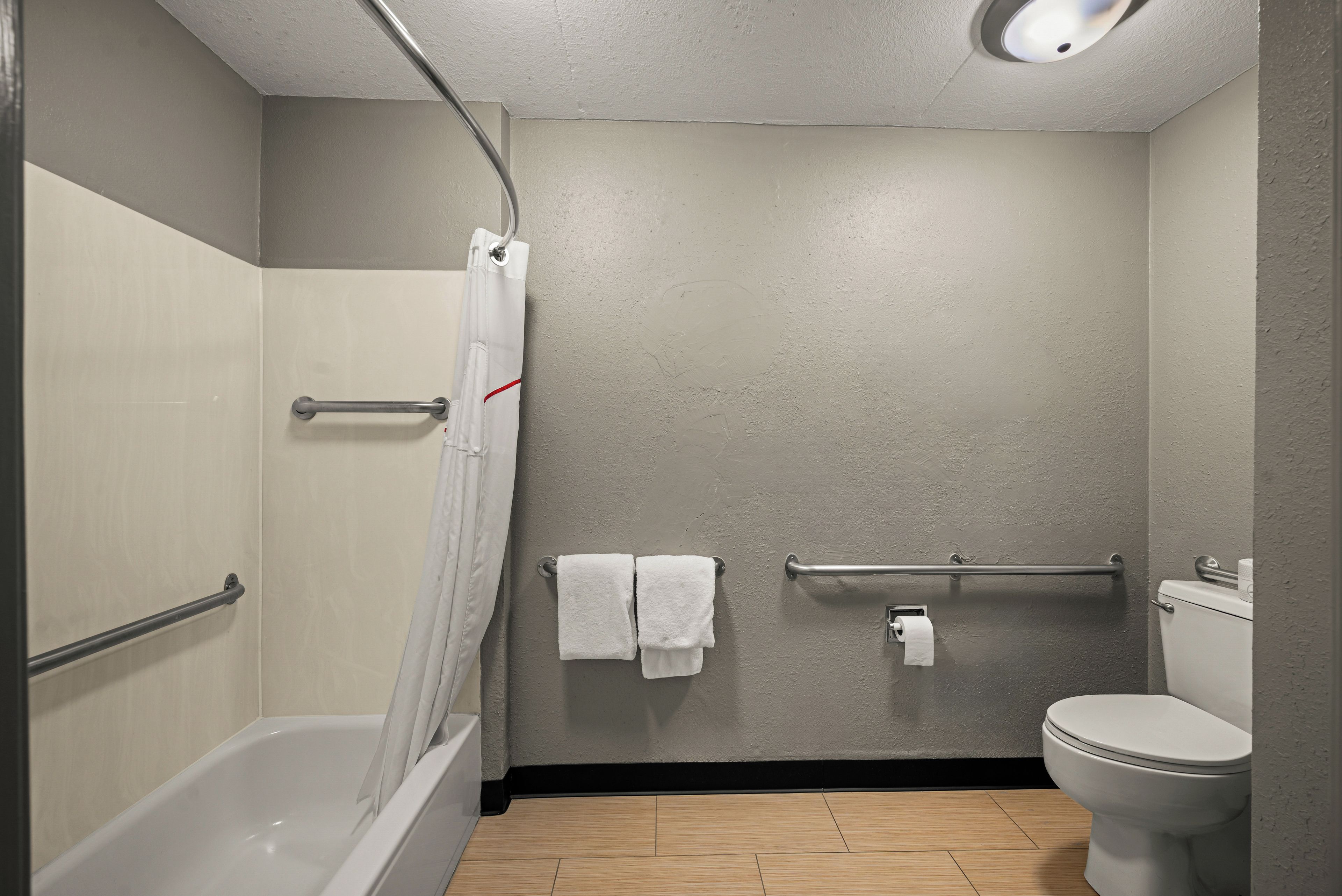 A bathroom with a shower, toilet, and handrails.