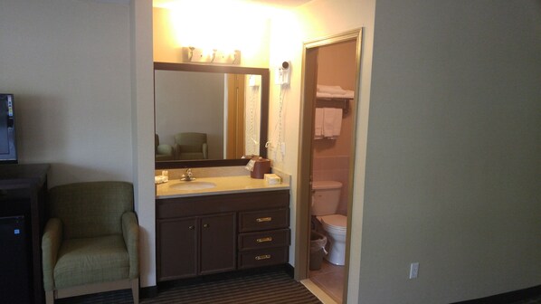 A hotel bathroom with a sink, mirror, and toilet.