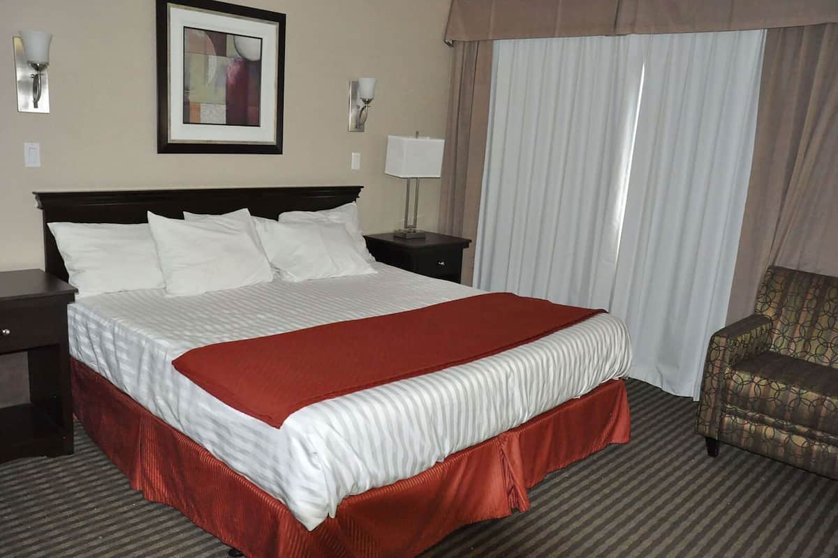 A hotel room with a large bed, a nightstand, a chair, a framed picture on the wall, and a window with curtains.